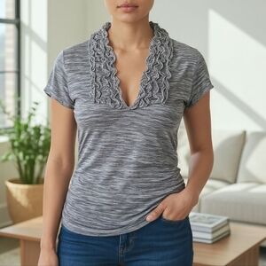 Gray Ruffled V-Neck Women's Top